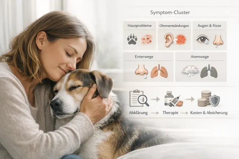 Infografik zu Symptomen der Tiergesundheit bei Haut, Ohren, Augen, Nase und Atemwegen mit Entscheidungsweg zur Abklärung und Therapie.