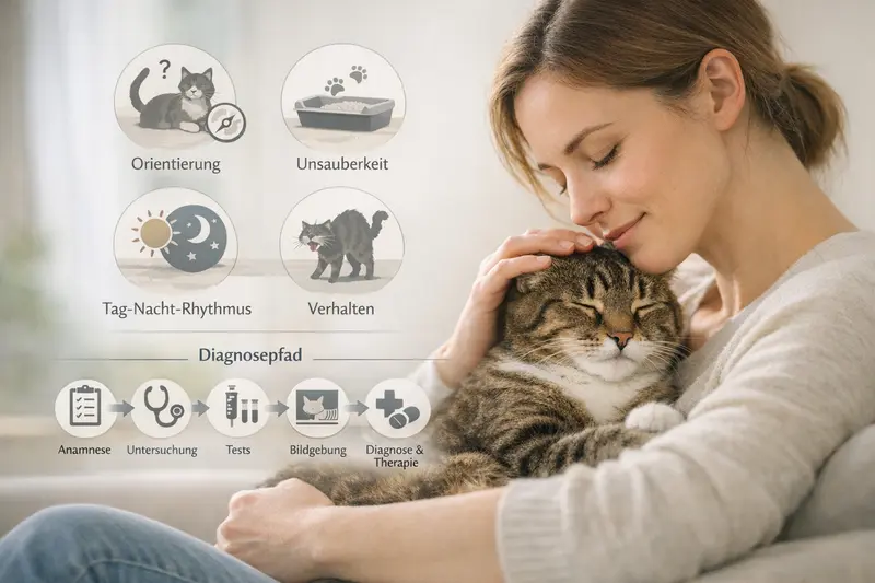 Infografik zu Katzensymptomen und Diagnosepfad, die Orientierung, Unsauberkeit, Tag-Nacht-Rhythmus und Verhalten umfasst.
