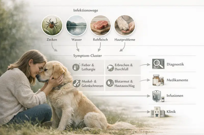 Infografik über Symptome und Infektionswege bei Hunden, einschließlich Zecken, Wasser, Rohfleisch und Haut.