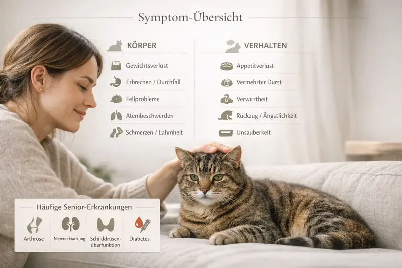 Infografik zur Symptom-Übersicht von Katzen im Vergleich zwischen Körper und Verhalten sowie häufigen Senior-Erkrankungen.