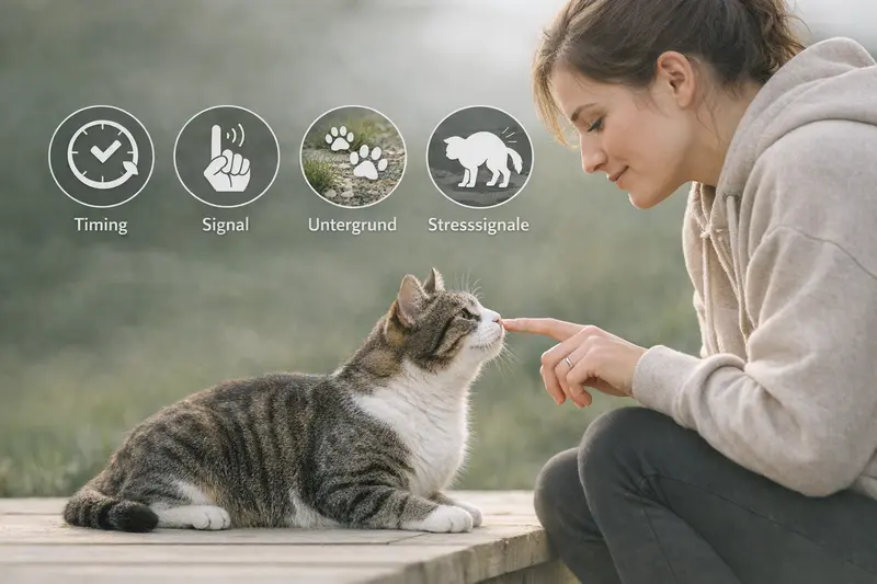 Eine Infografik zeigt wichtige Aspekte des Katzen-Trainings und Sicherheits-Checks.
