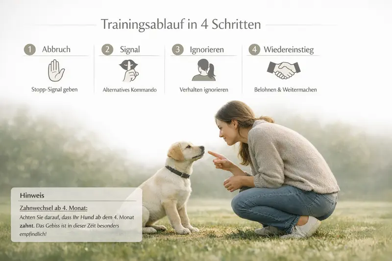 Infografik zeigt den Trainingsablauf für Hunde in 4 Schritten mit Hinweis auf den Zahnwechsel ab dem 4. Monat.
