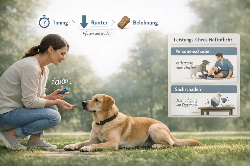 Illustration der Trainingslogik für Hunde mit Clicker-Moment und Leistungs-Check zur Haftpflicht.