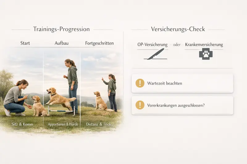 Infografik zur Trainingsprogression von Hunden mit Informationen zu Versicherungen