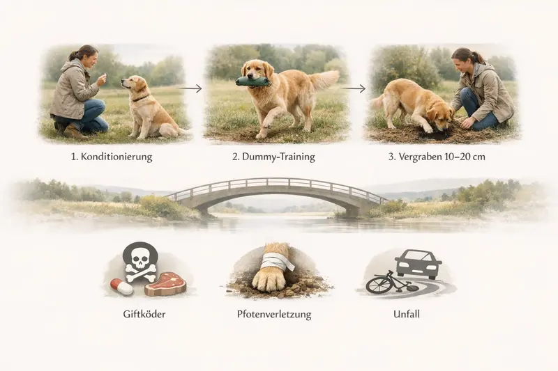 Illustration der Trainingsschritte für Hunde mit Dummy und Risiko-Icons zur Versicherungsrelevanz.