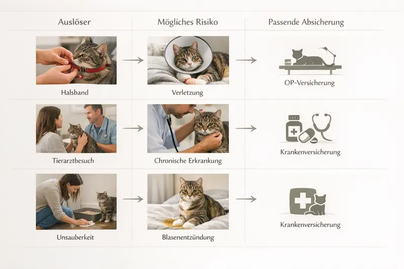 Infografik über mögliche Risiken bei Katzen und passende Absicherungen wie Operationen und Krankenversicherungen.