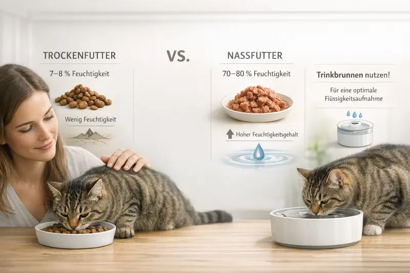 Infografik, die die Feuchtigkeitswerte von Trocken- und Nassfutter für Katzen vergleicht und auf die Bedeutung von Wassertrinkbrunnen hinweist.