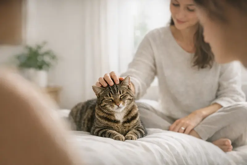 Eine nahaufnahme einer Katze, die neugierig schaut, mit unscharfem Hintergrund und scharfen Details im Vordergrund.