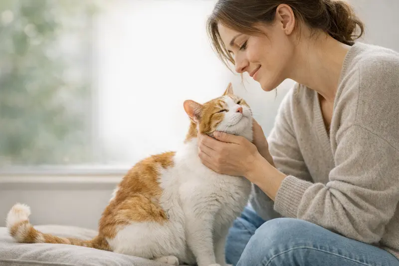 Infografik zur Schwanzstellung und Ohren-Augen-Kombination bei Katzen, die verschiedene Emotionen anzeigen.