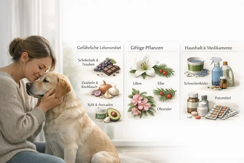 Infografik zeigt verschiedene giftige Lebensmittel, Pflanzen und Haushaltsgegenstände für Hunde