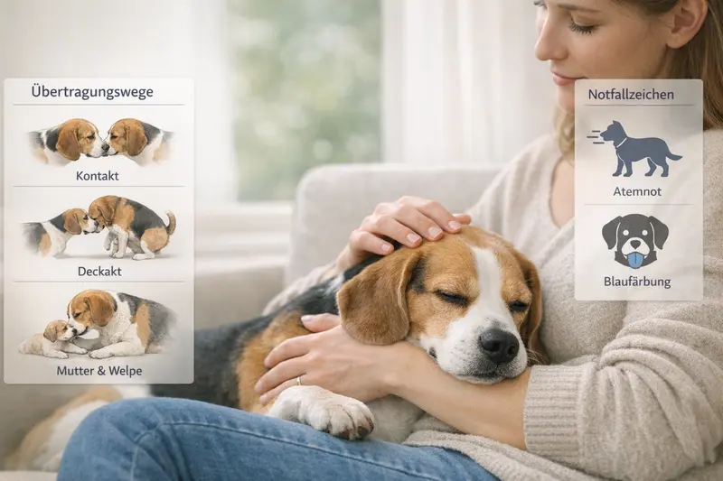Infografik zu Übertragungswegen von Krankheiten bei Hunden und Notfallzeichen.