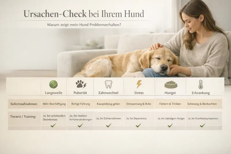 Infografik über die Ursachen von Verhaltensauffälligkeiten bei Hunden, inklusive Sofortmaßnahmen und Tierarzt-Trigger.