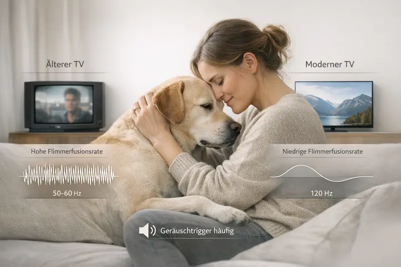 Infografik, die den Vergleich der Flimmerfusionsrate von Hunden mit älteren und modernen TV-Frequenzen zeigt, inklusive Hinweis auf Geräuschtrigger.