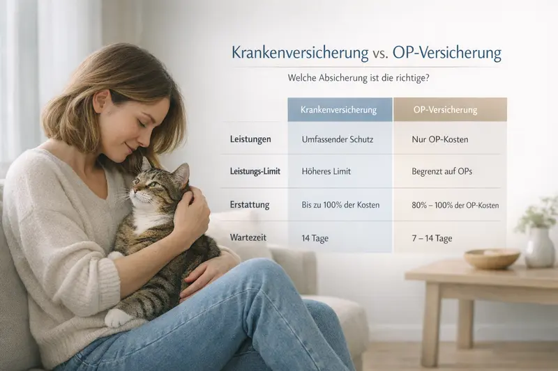 Infografik vergleicht die Vorteile der Krankenversicherung und OP-Versicherung für Katzen, inklusive Leistungen und Erstattung.