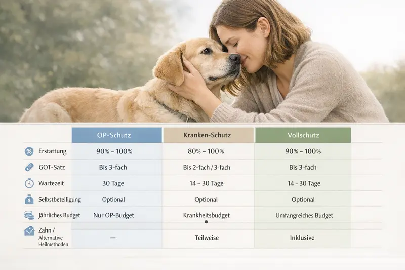 Infografik zu Tierkrankenversicherungen für Hunde mit Vergleich von OP, Kranken- und Vollschutz.