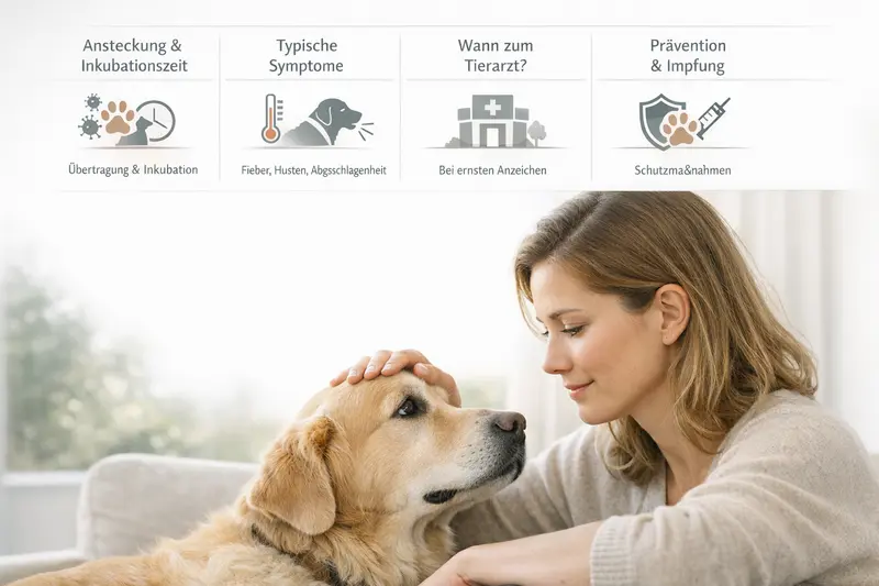 Infografik über die Ansteckung und Inkubationszeit von Krankheiten bei Hunden, inklusive Symptome und Prävention.