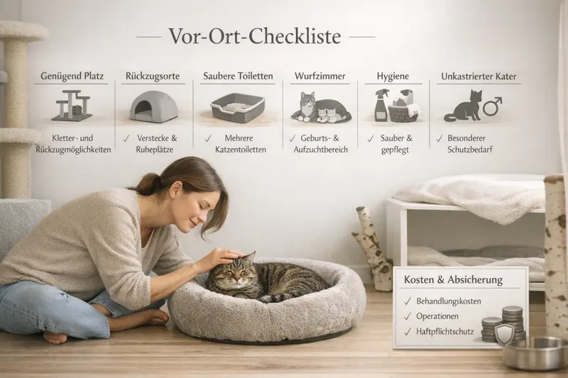 Infografik zur Vor-Ort-Checkliste für die optimale Katzenhaltung mit Aspekten wie Platz, Rückzugsmöglichkeiten und Hygiene.