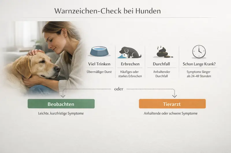 Infografik mit Warnzeichen für Hunde, die auf Trinkverhalten, Erbrechen und Durchfall hinweisen