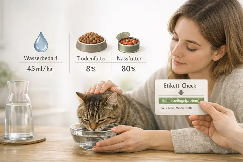 Infografik zur Wasseraufnahme von Katzen, inklusive Futtervergleich zwischen Trocken- und Nassfutter.