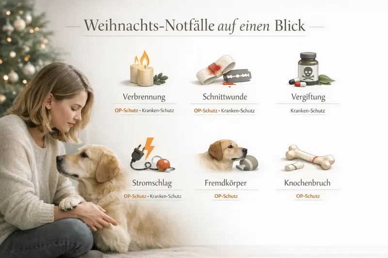Infografik zu Weihnachts-Notfällen bei Hunden mit Icons für verschiedene Verletzungen und Krankheiten.