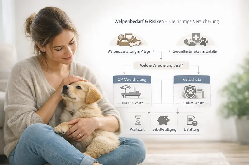 Infografik zur Entscheidungshilfe für Welpenbesitzer über Risiken, Kosten und passende Versicherungstypen.