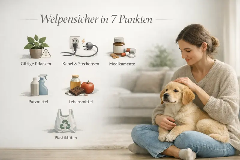 Eine Infografik, die zeigt, wie man Welpen sicher macht, einschließlich gefährlicher Pflanzen und Kabel.