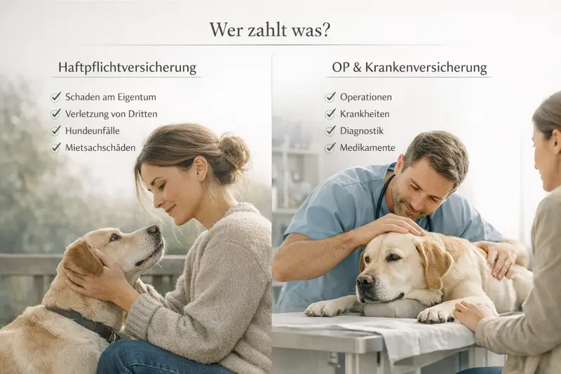 Infografik, die die Unterschiede zwischen Haftpflicht- und OP/Krankenversicherungen für Hunde erklärt.
