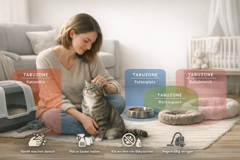Wohnungsplan mit Tabuzonen für Katzen, einschließlich Hygieneregeln für das Katzenklo und Futterplatz.