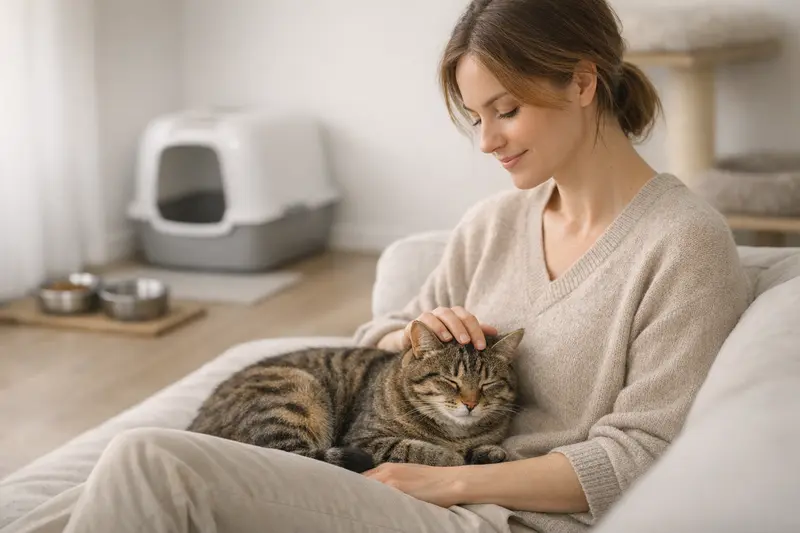 Infografik zeigt ein ideales Wohnungs-Setup für Hunde und Katzen mit getrennten Ressourcen wie Futterstellen und Rückzugsorten.
