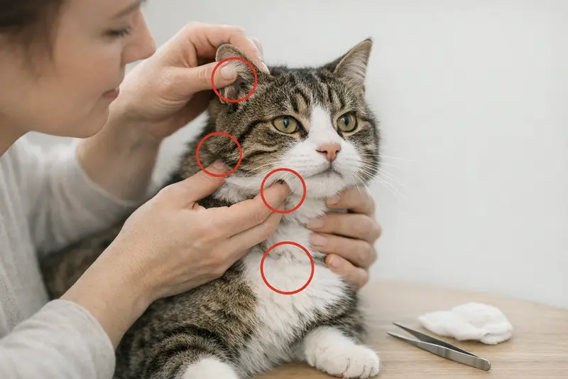 Infografik zum Zecken-Check bei Katzen mit markierten Fundstellen an Ohren, Kinn, Nacken und Brust.
