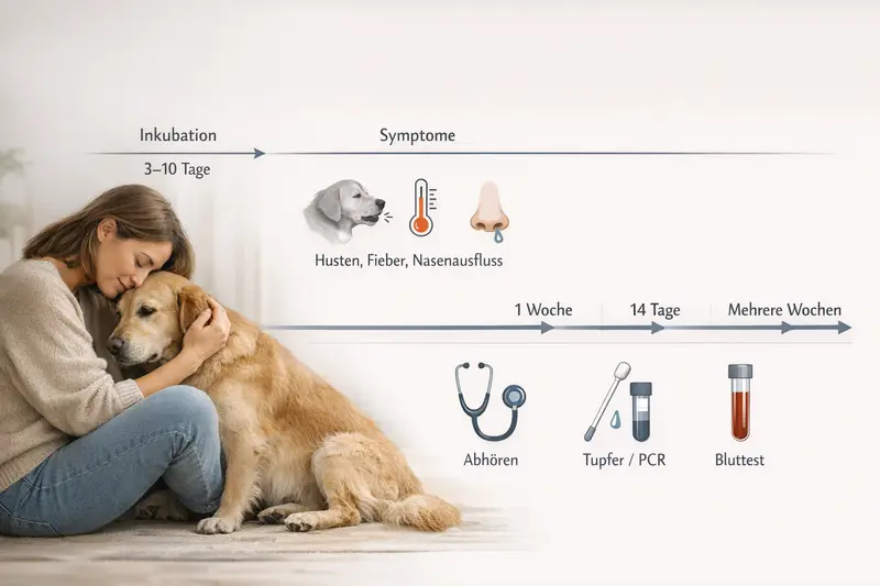 Infografik zur Inkubation, Symptomen und Diagnostik bei Hundeerkrankungen.