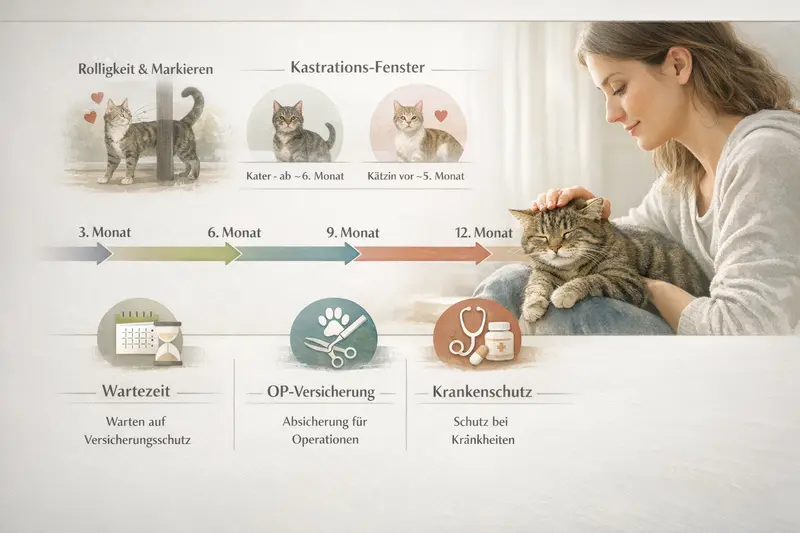 Infografik zur Rolligkeit und Kastration von Katzen im Zeitraum von 3 bis 12 Monaten.