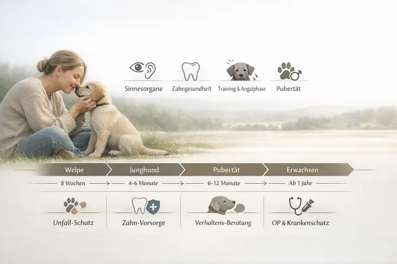 Infografik zu den Entwicklungsphasen eines Hundes mit Icons für Kosten-Trigger wie Sinne, Zähne und Training.