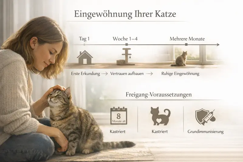 Infografik über die Eingewöhnung von Katzen und Freigang-Voraussetzungen