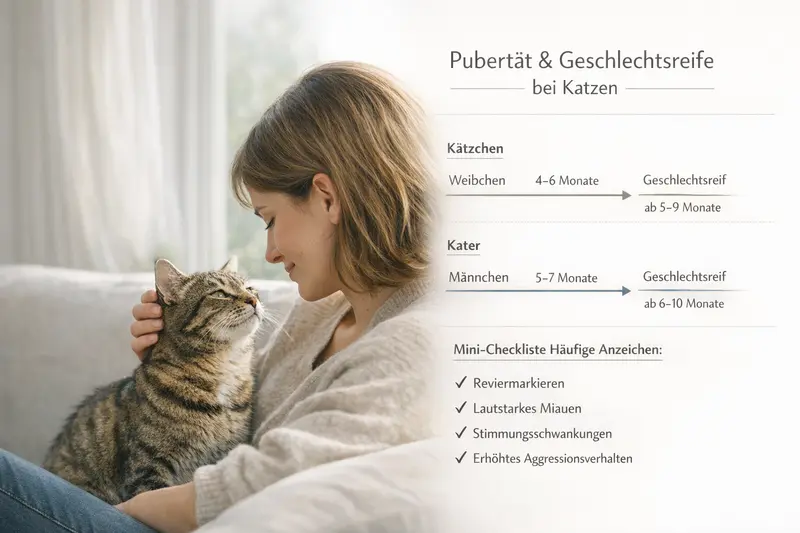Infografik zeigt den Zeitstrahl der Pubertät und Geschlechtsreife von Katzen und Katern mit einer Checkliste der häufigsten Anzeichen.