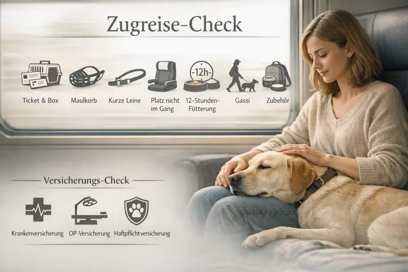 Infografik zeigt wichtige Punkte für eine Zugreise mit Hunde, inklusive Ticket, Maulkorb und Zubehör.