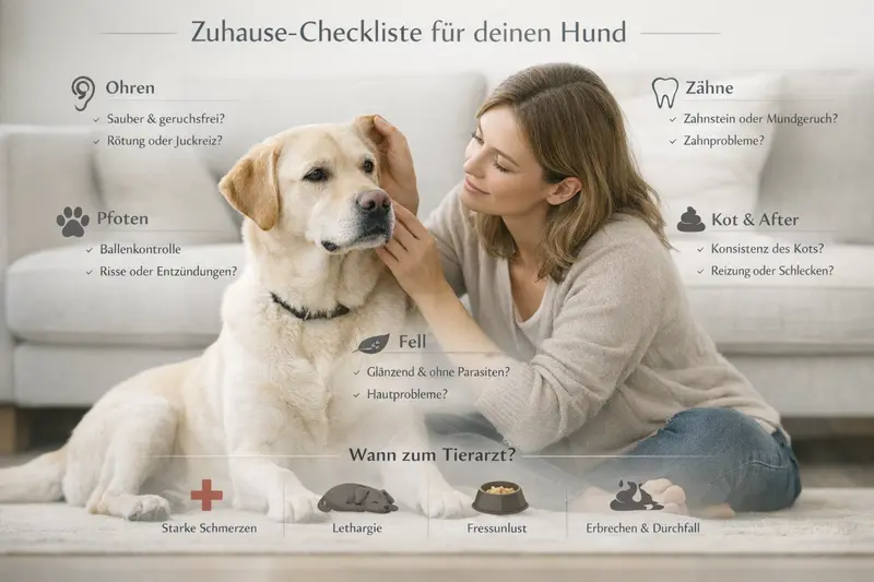 Infografik einer Zuhause-Checkliste für Hunde mit Körperzonen und Hinweisen zum Tierarztbesuch.