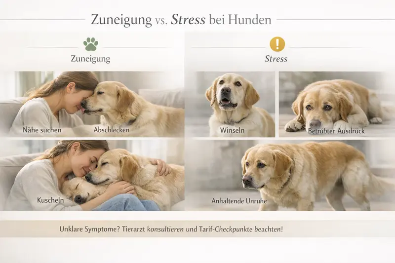 Eine Infografik, die die Zuneigung und Stresssignale von Hunden veranschaulicht.