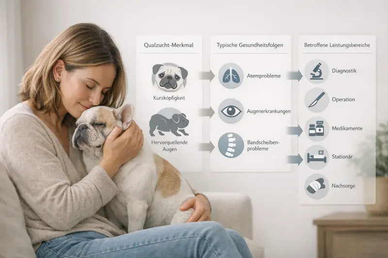 Infografik zu Qualzucht-Merkmalen bei Hunden und deren Gesundheitsfolgen.