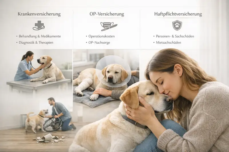 Infografik zur Abgrenzung zwischen Krankenversicherung, OP-Versicherung und Haftpflichtversicherung für Hunde.