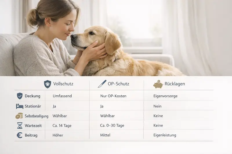 Infografik zur Entscheidungsfindung für Hundebesitzer: Vollschutz, OP-only oder Rücklagen zur Absicherung von Tierarztkosten.