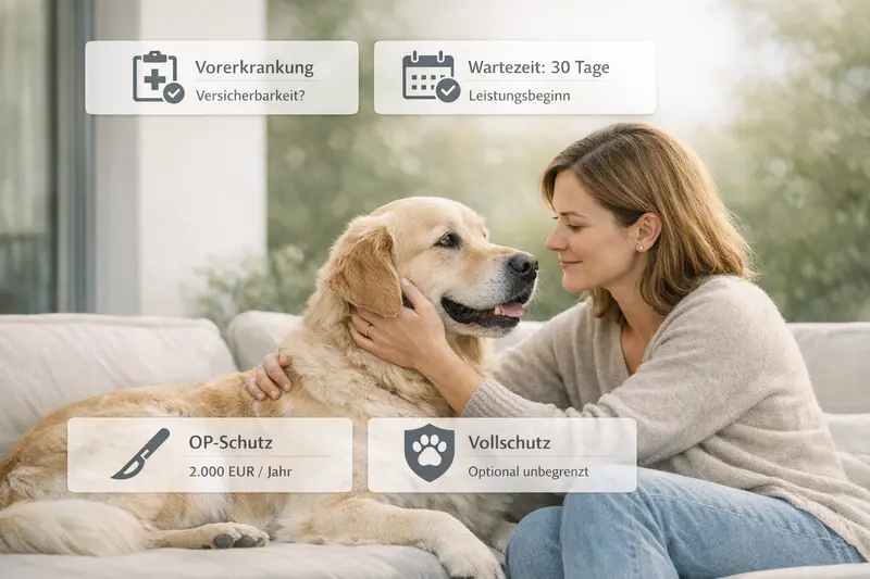 Infografik zur Entscheidungslogik von Hundever sicherungen bei Vorerkrankungen und Wartezeiten.