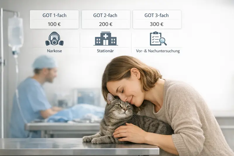 Infografik zur Kostenlogik für Katzenbehandlungen, inklusive GOT 1-/2-/3-fach und OP-Zusatzkosten.