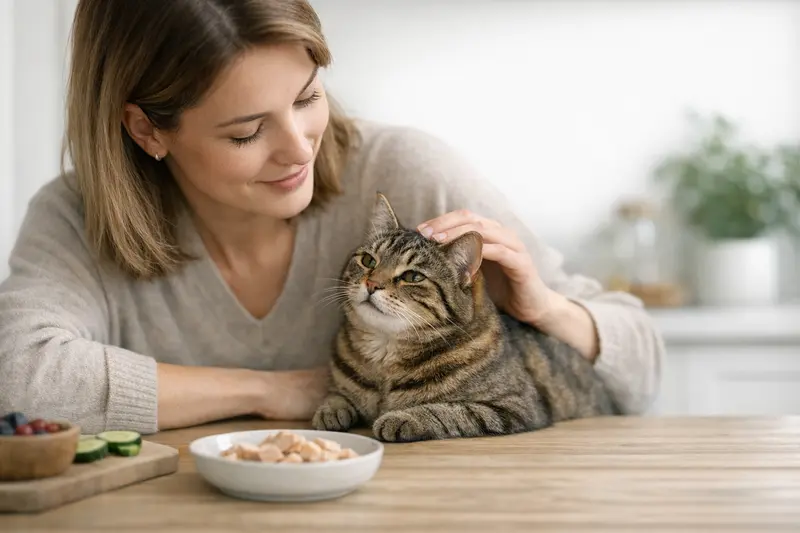 Illustration einer Zutaten-Ampel für Katzen mit Hinweisen zu geeigneten und tabuisierten Lebensmitteln sowie einem Laktose-Hinweis.