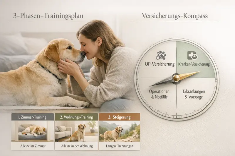 Infografik eines 3-Phasen-Trainingsplans für Hunde mit Versicherungs-Kompass für OP- und Krankenversicherung.