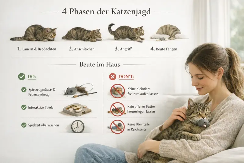Grafik zu den 4 Phasen der Katzenjagd mit Do's und Don'ts für Beute im Haus, ideal für Katzenhalter.