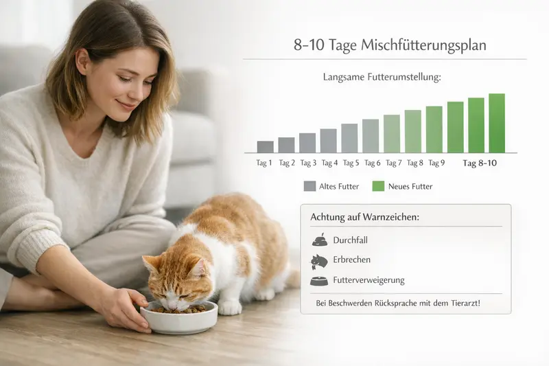 Infografik zeigt einen 10-tägigen Mischplan für Katzen mit steigenden Futteranteilen und Warnzeichen wie Durchfall und Erbrechen.