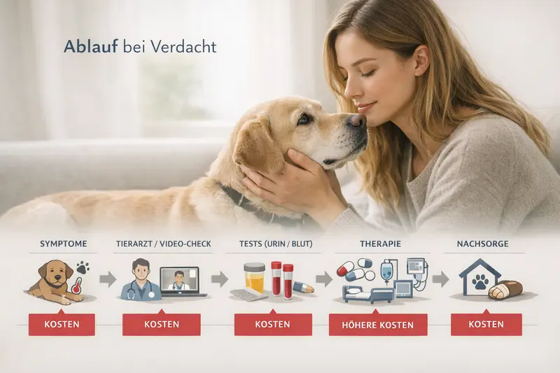 Infografik zum Ablauf bei Verdacht auf Erkrankung bei Hunden, vom Symptom bis zur Therapie