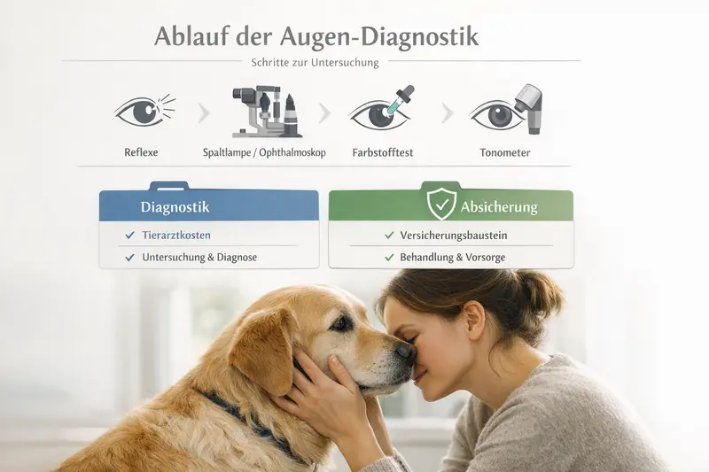 Ablauf der Augen-Diagnostik für Hunde mit verschiedenen Tests und notwendigen Versicherungsbausteinen.