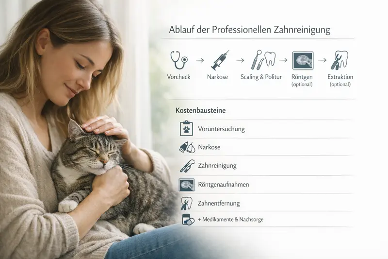 Infografik über den Ablauf einer professionellen Zahnreinigung für Katzen, inklusive Vorcheck, Narkose und Kosten.